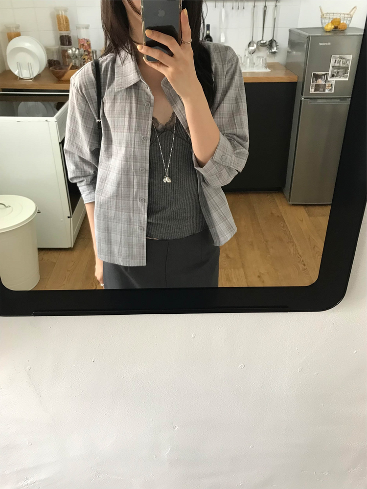 撞色格紋七分袖襯衫