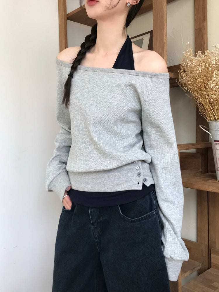 美肩撞色掛脖兩件式上衣