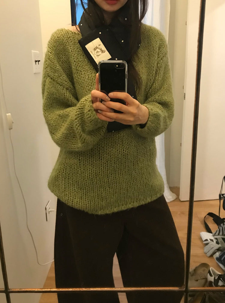 側露肩粗針針織上衣