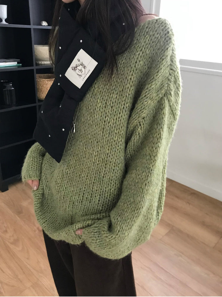 側露肩粗針針織上衣