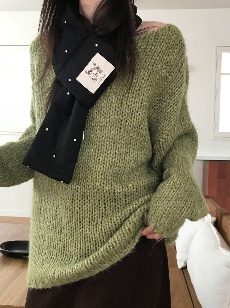 側露肩粗針針織上衣