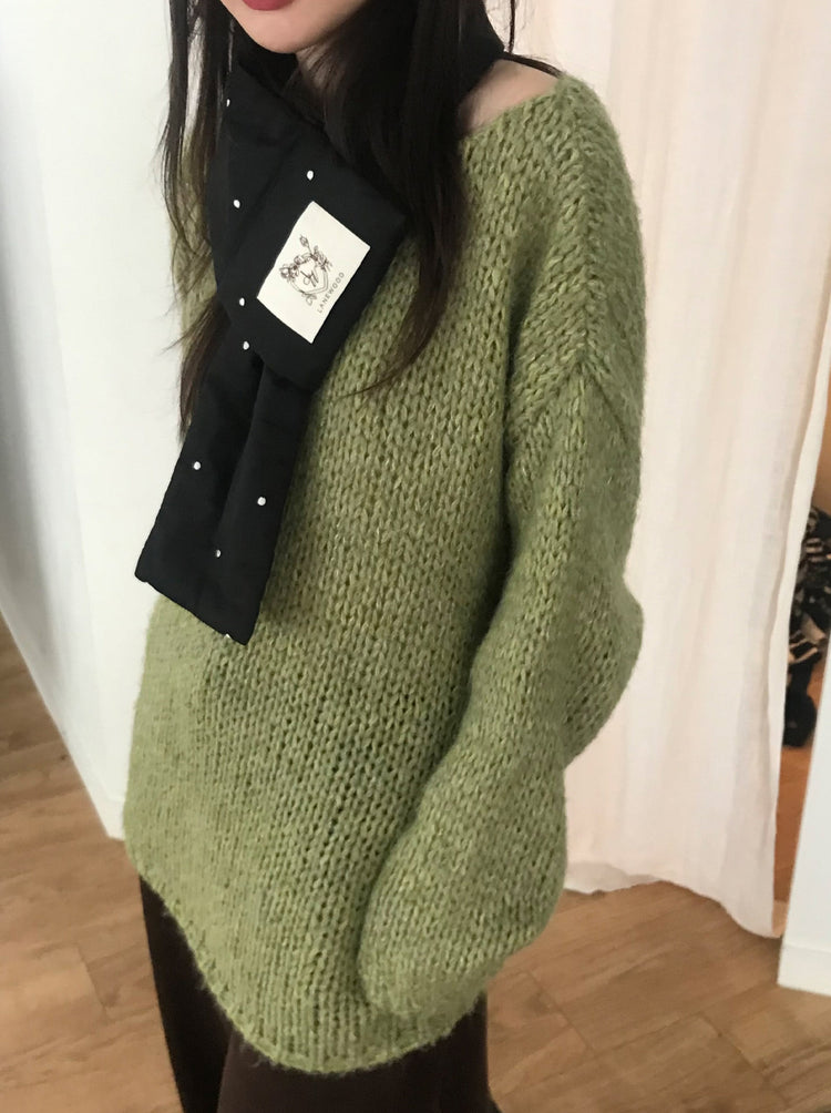 側露肩粗針針織上衣