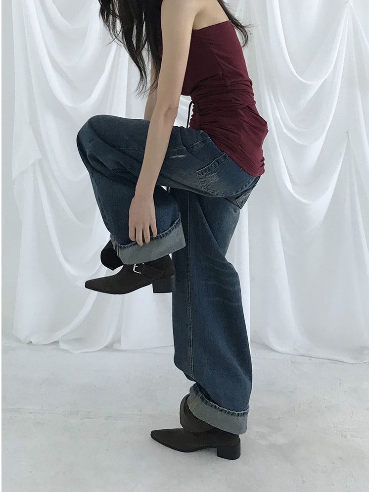 復古美色率性牛仔闊褲