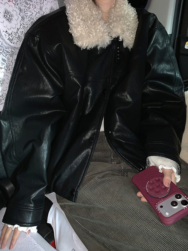 卷毛毛領內束細節皮外套