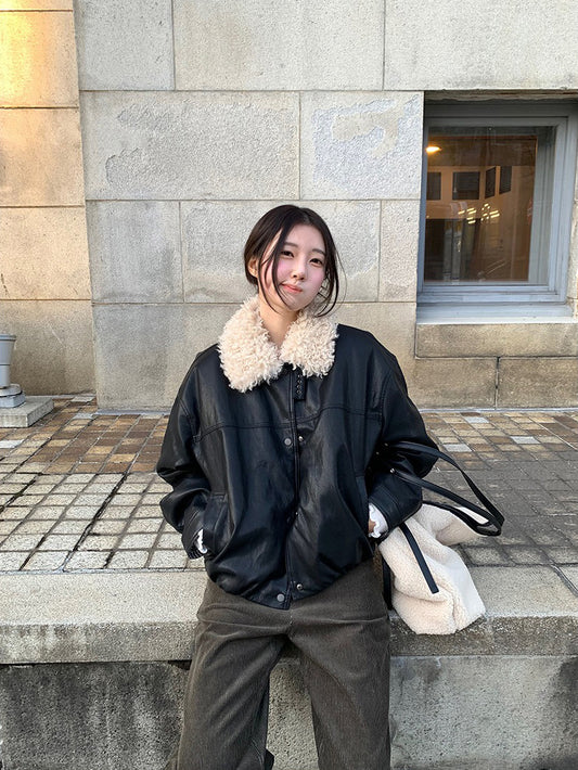 卷毛毛領內束細節皮外套