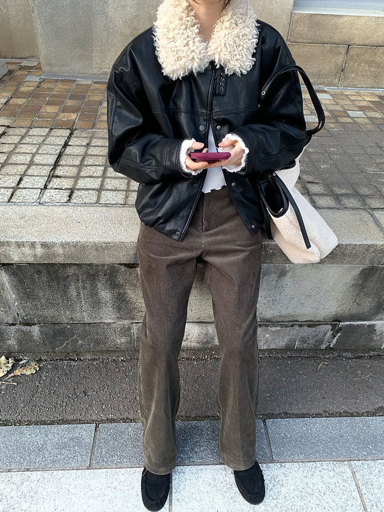 卷毛毛領內束細節皮外套