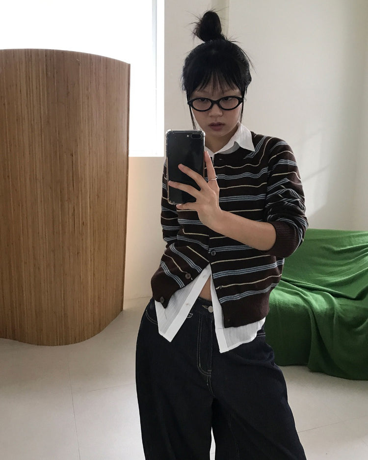 美色條紋排鈕針織外套