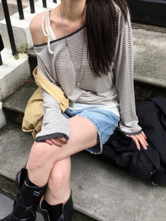撞色條紋美肩寬鬆上衣