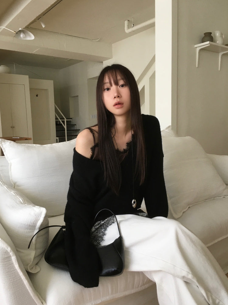 深V寬鬆針織毛衣