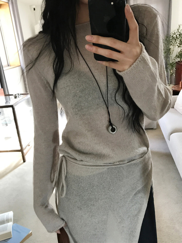 微透膚羊駝毛船領針織上衣