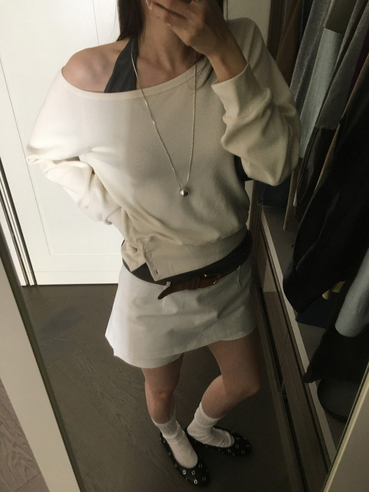 美肩撞色掛脖兩件式上衣