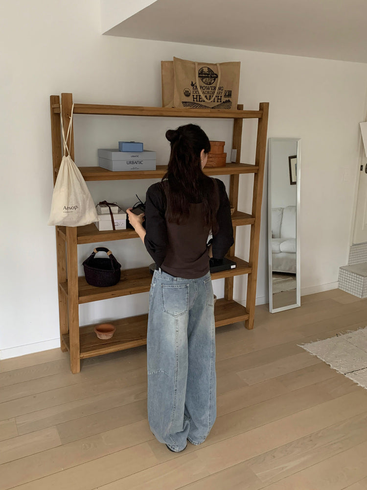 弧形側壓線廓形牛仔褲