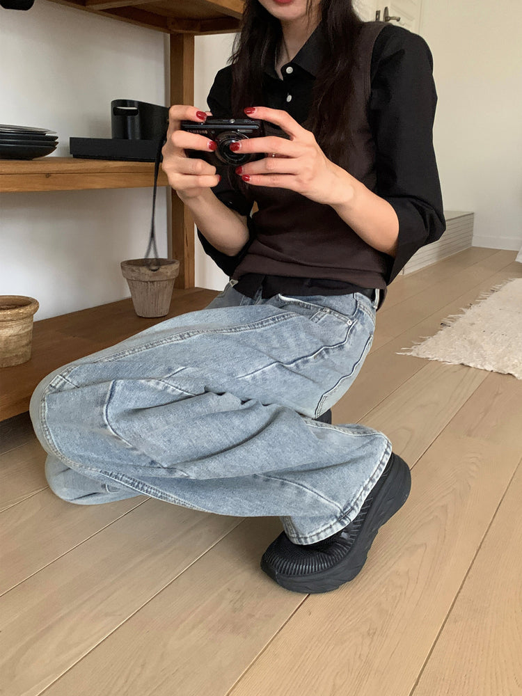 弧形側壓線廓形牛仔褲