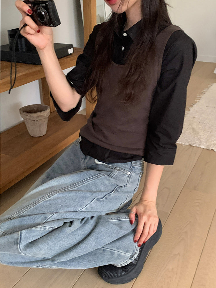 弧形側壓線廓形牛仔褲