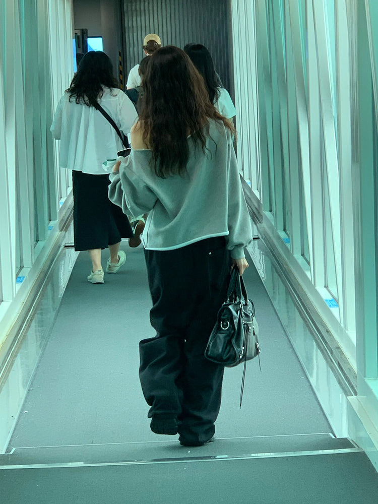 Unisex皮帶扣細節廓形棉褲