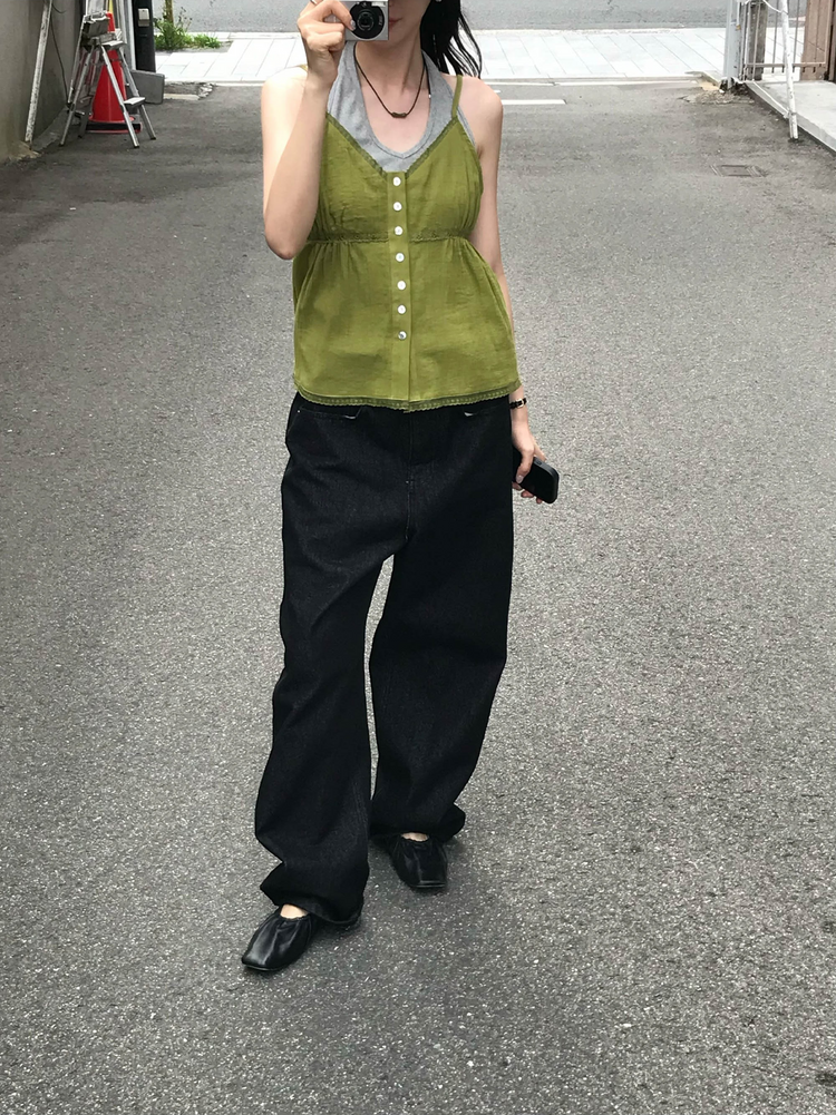 麻料蕾絲邊細節排鈕上衣