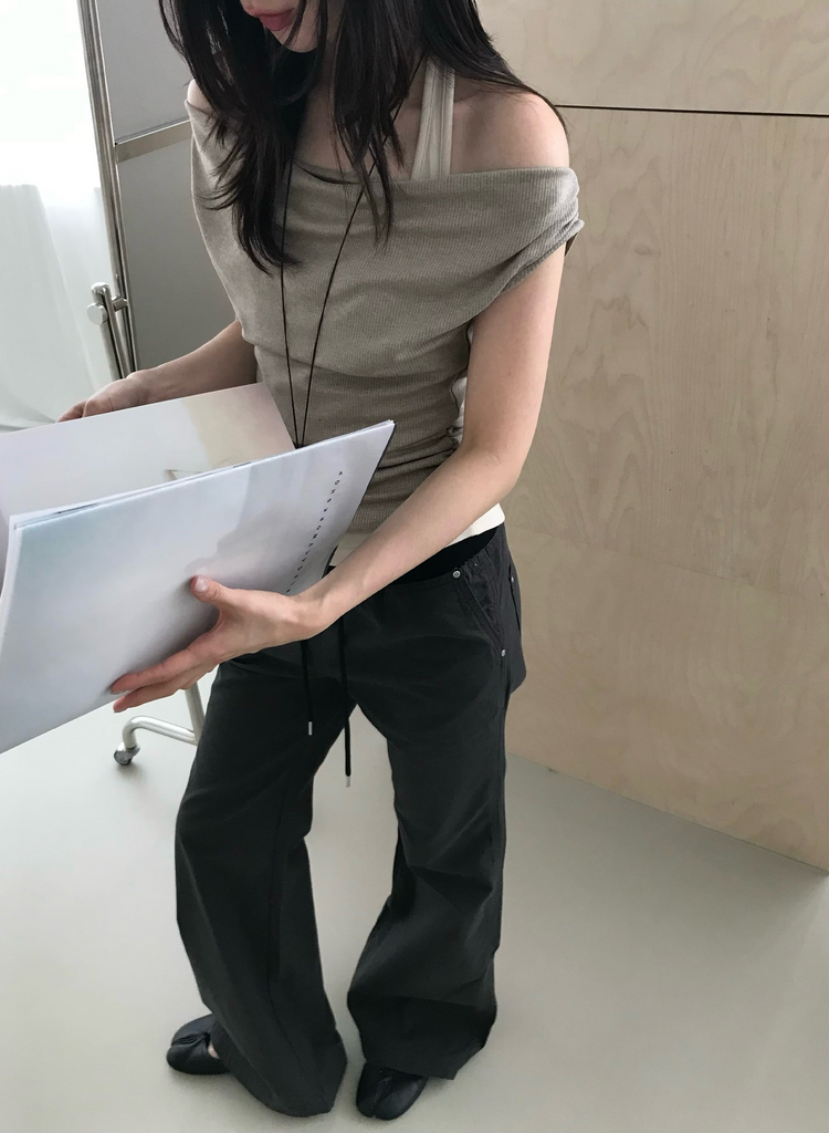 寬腰頭撞色抽繩顯瘦直褲