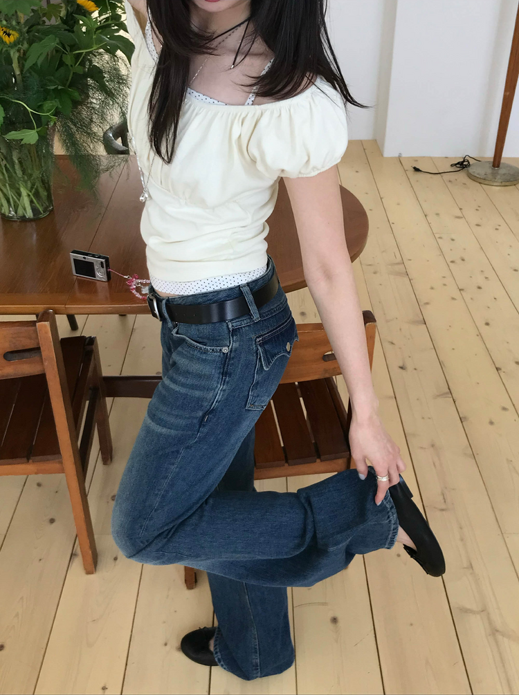 美肩抓皺修腰細節上衣