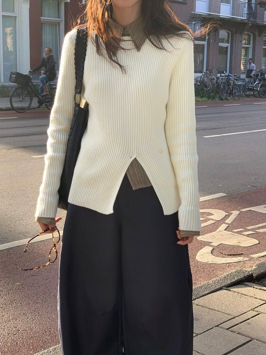 坑紋側開叉扣鈕細節針織上衣