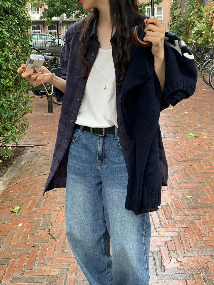 復古美刷色微鬆直筒牛仔褲