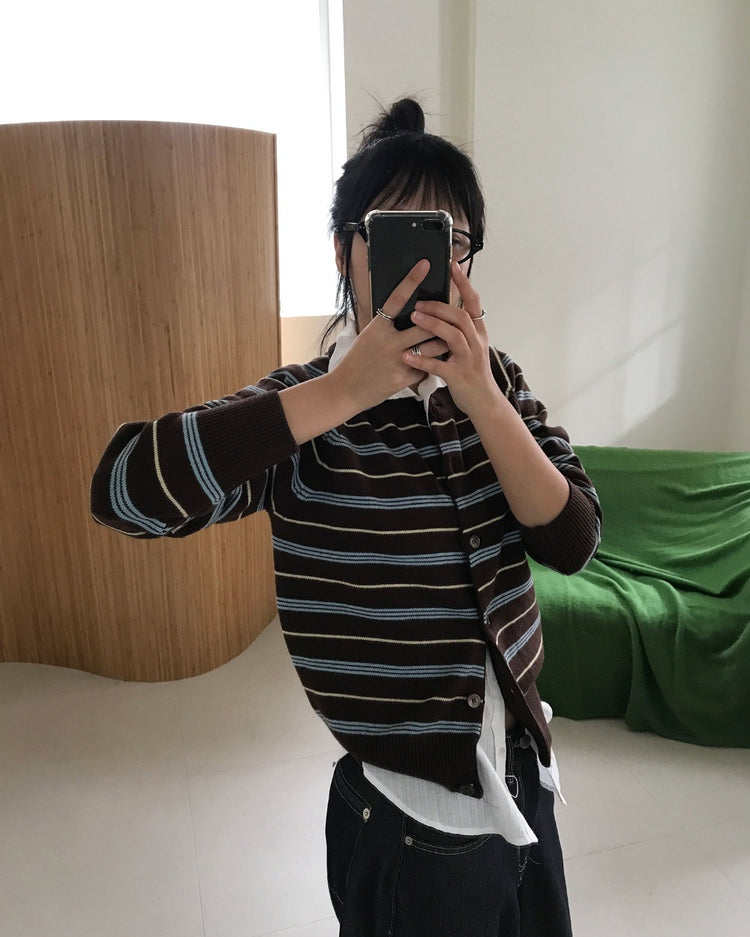 美色條紋排鈕針織外套