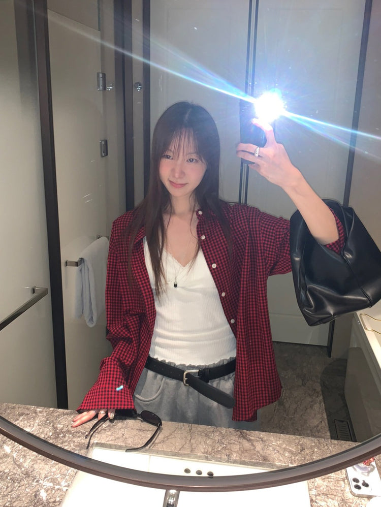 復古美色格紋寬鬆襯衫