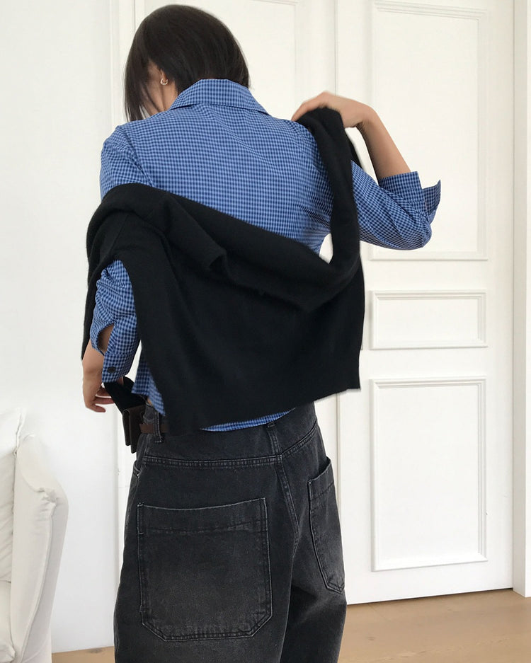 復古亮色格紋細節修腰襯衫