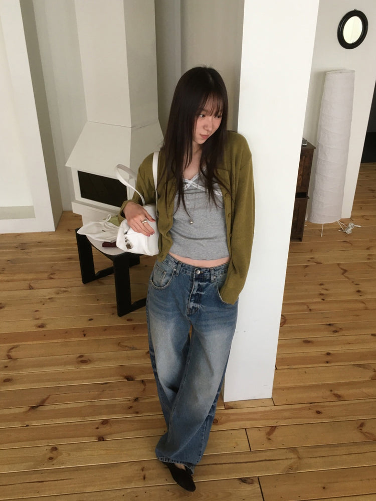 復古美刷色細節隨性牛仔褲