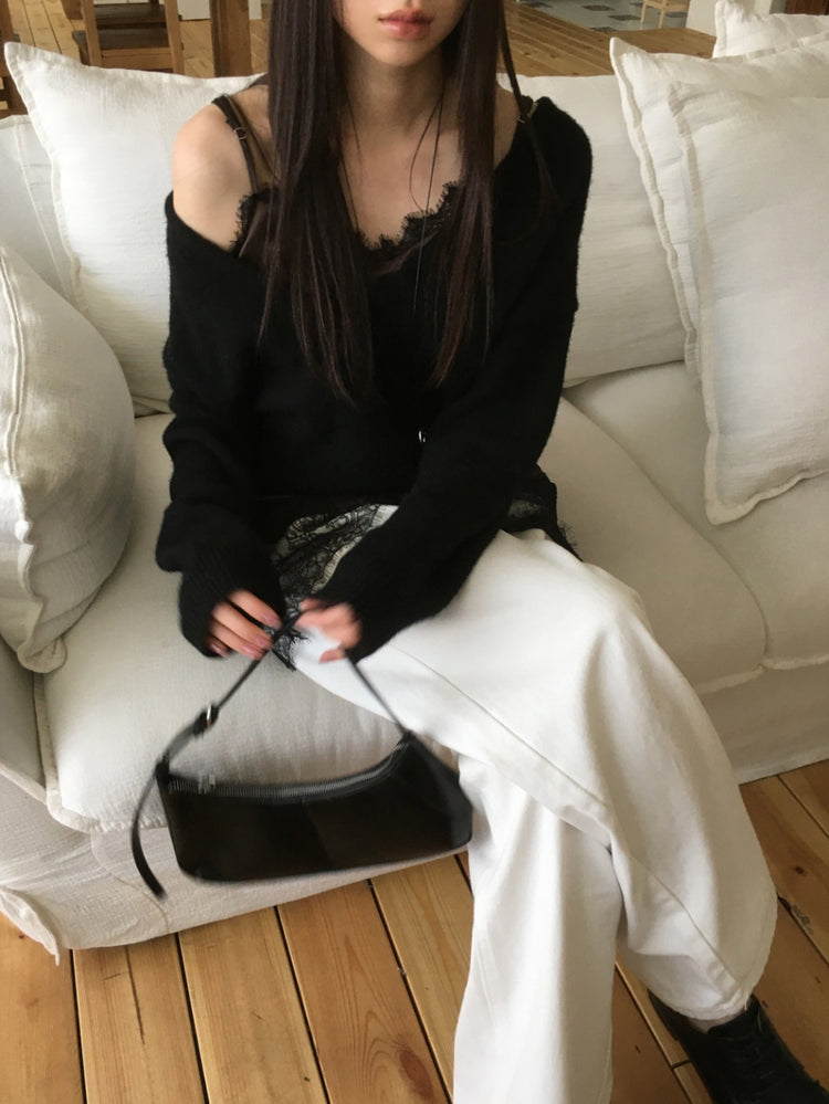 (現)美色蕾絲邊光澤感連身裙