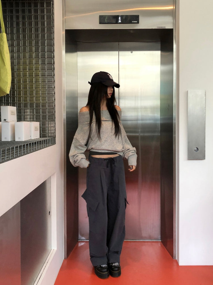 美肩寬帶寬鬆修腰針織上衣