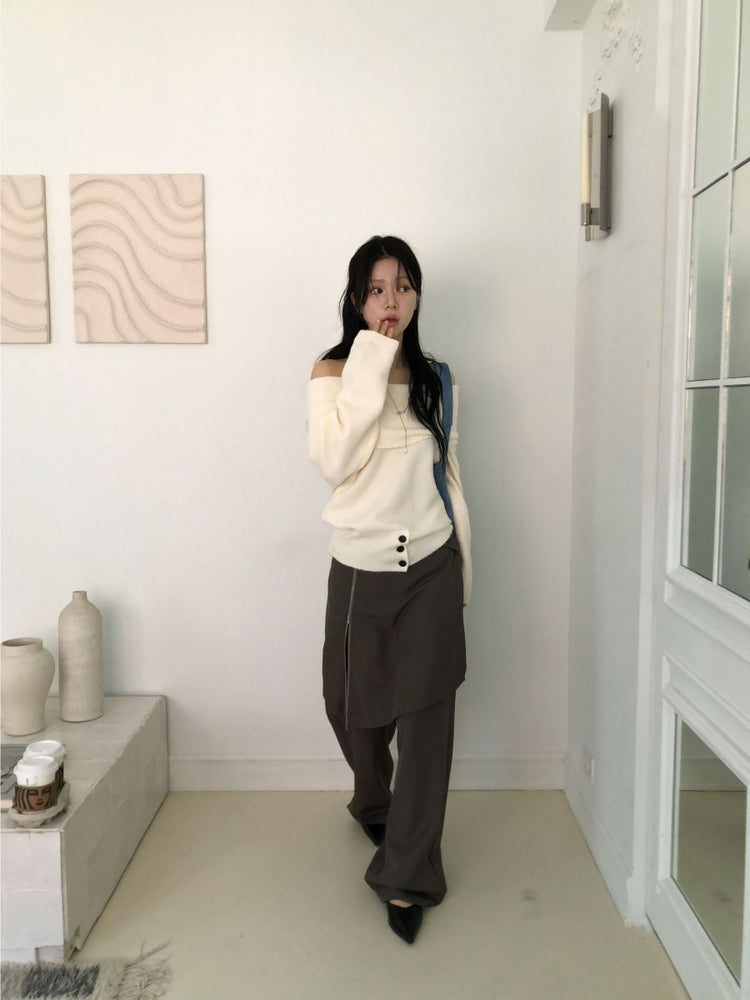 美肩下擺扣鈕細節針織上衣