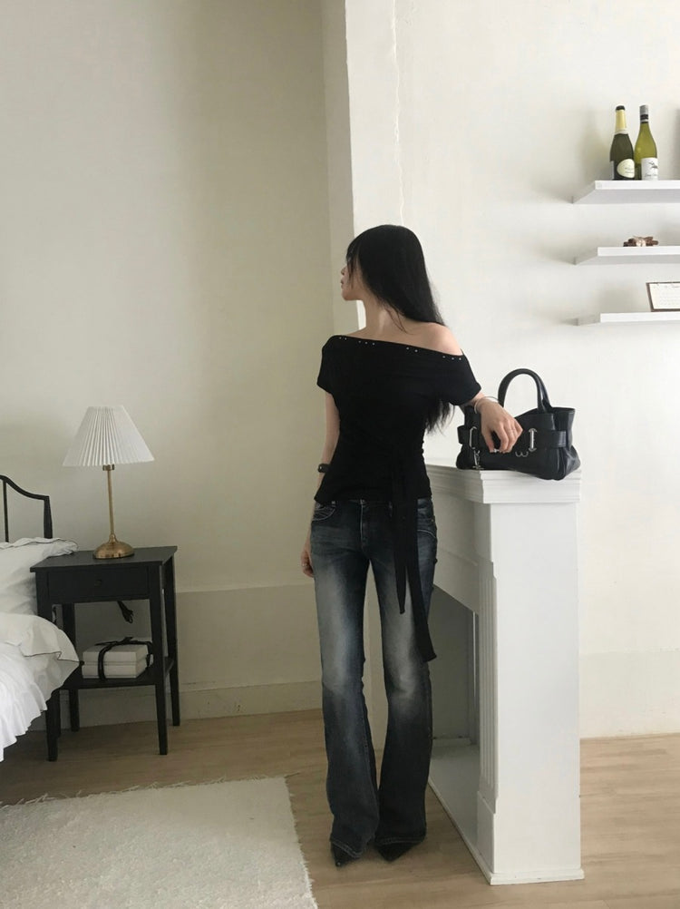 美肩鉚釘細節綁帶修腰上衣