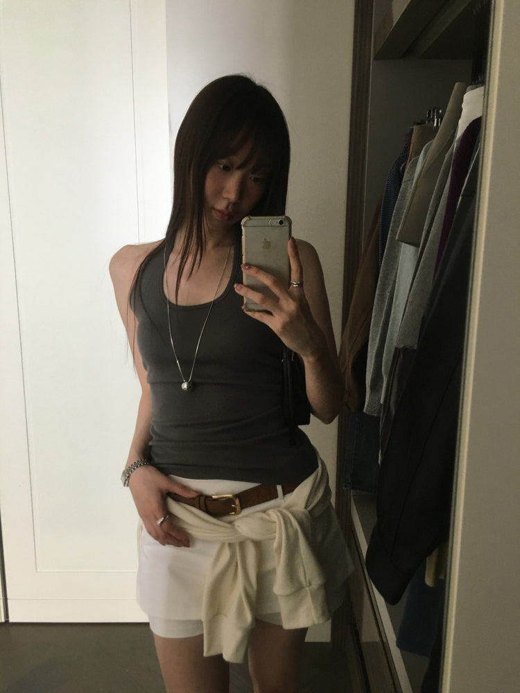 美肩撞色掛脖兩件式上衣