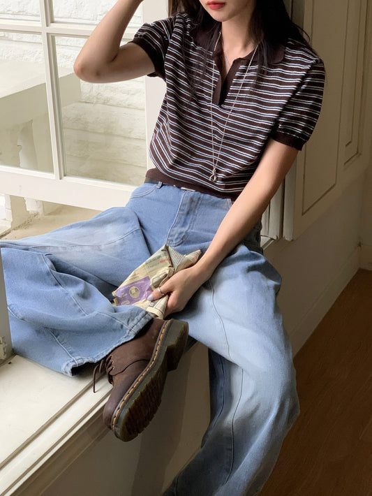 翻領條紋修腰細節上衣