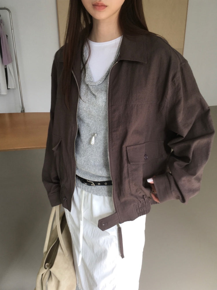 亞麻拉鏈細節寬鬆外套