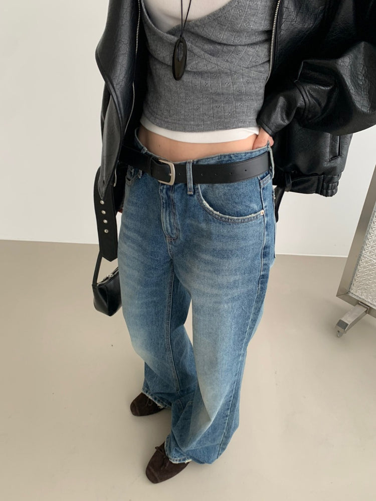 復古美刷色破爛細節牛仔褲