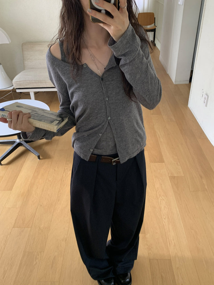 條紋內壓褶細節直褲