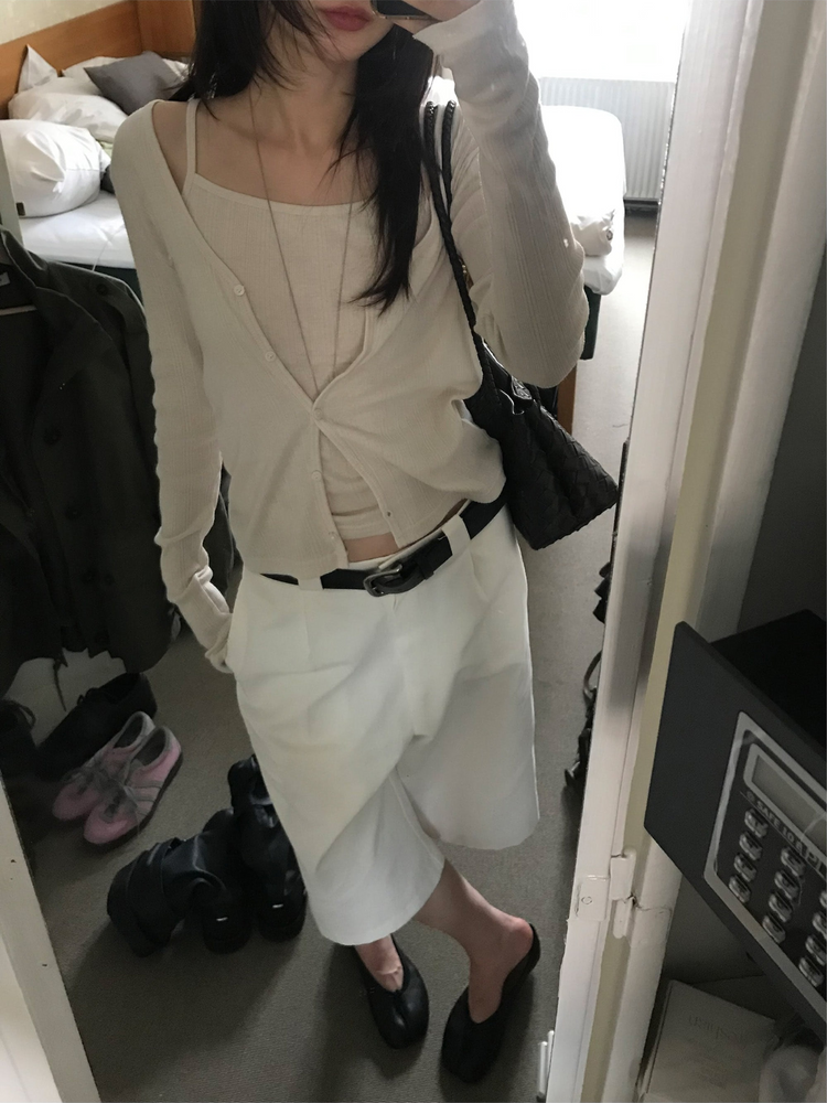 坑紋排鈕修身背心套裝