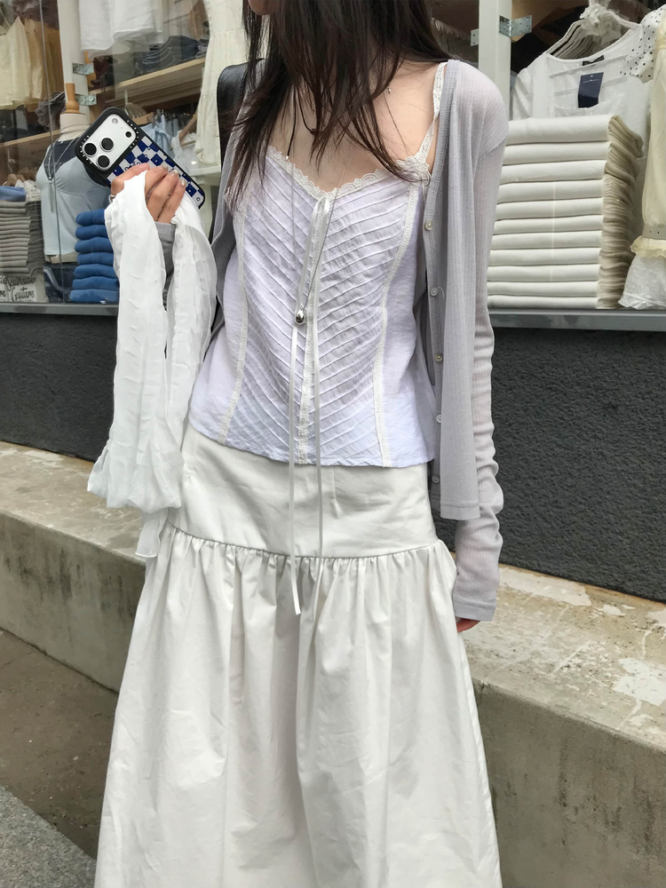 蕾絲百褶細節綁帶背心