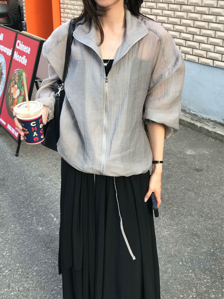 透膚抽繩下擺拉鏈外套