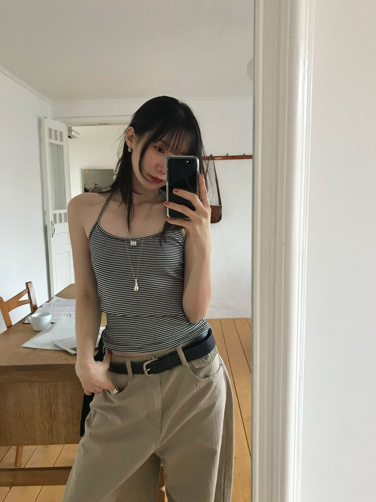 掛脖條紋修身上衣
