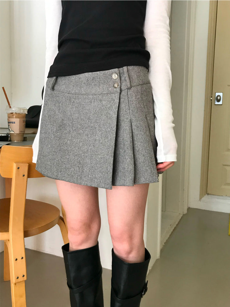 不對稱側扣百褶裙褲