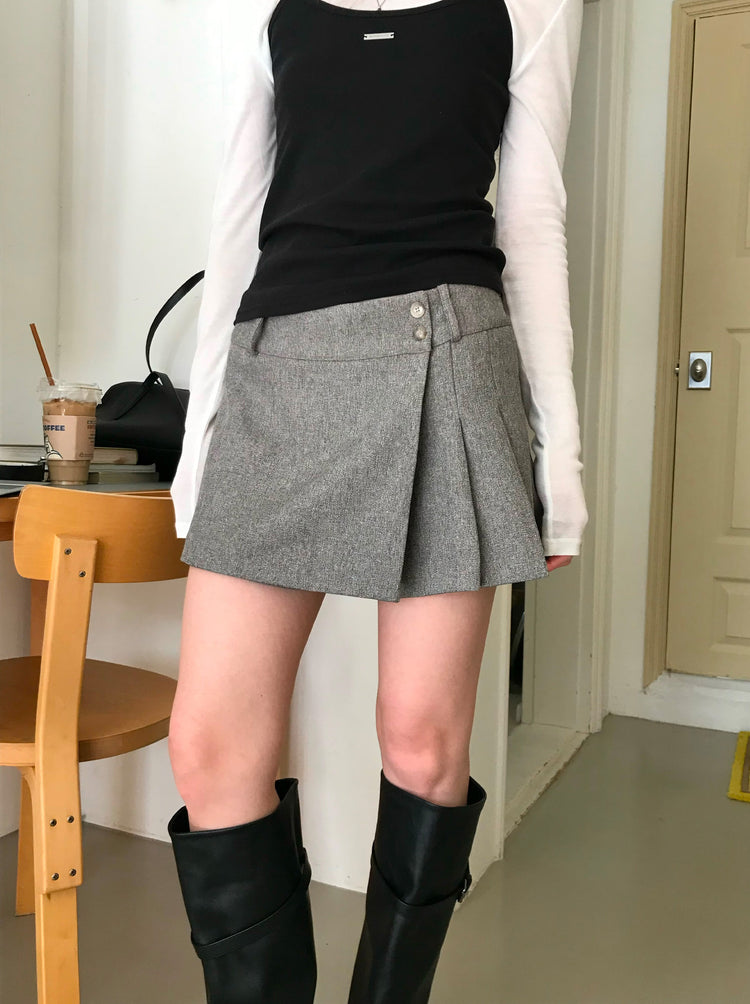 不對稱側扣百褶裙褲