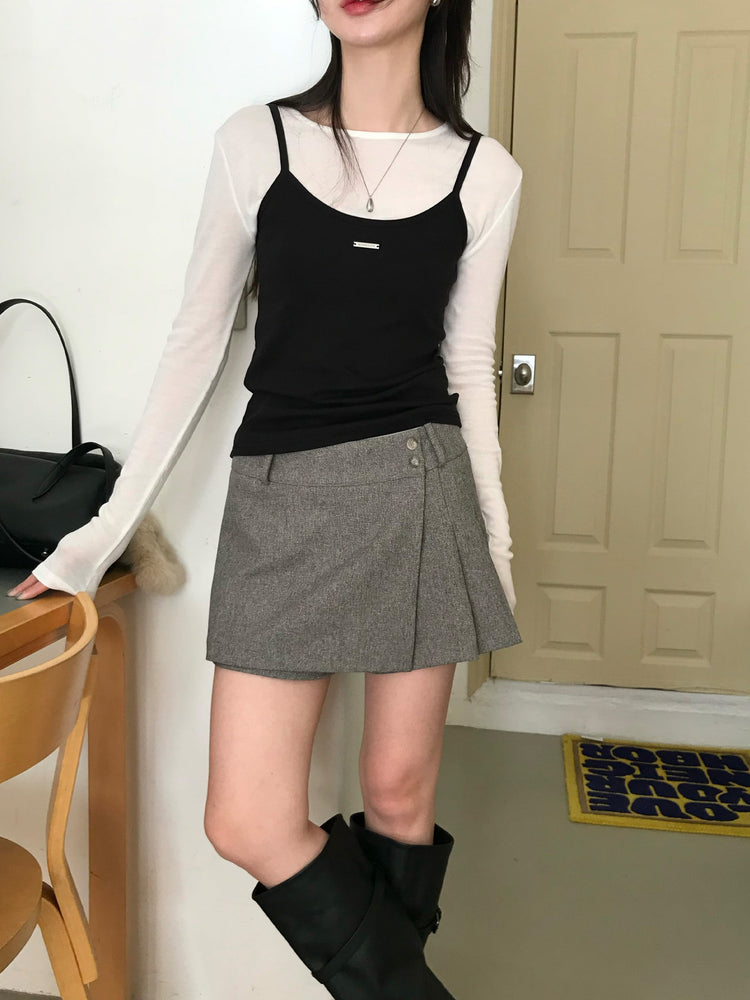 不對稱側扣百褶裙褲