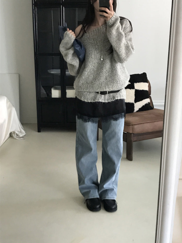 隱形橡筋腰頭直腿內刷毛牛仔褲