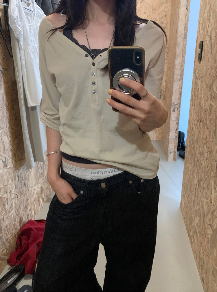 透膚拉克蘭捲袖細節上衣