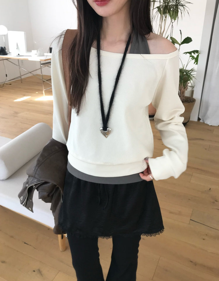 美肩撞色掛脖兩件式上衣