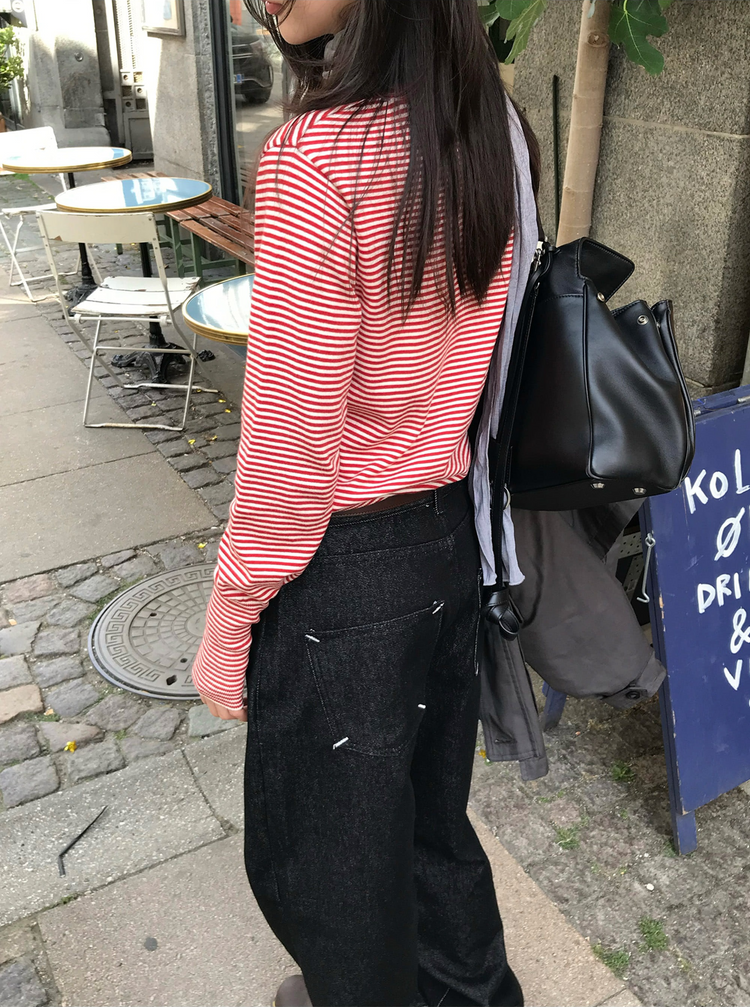 撞色條紋修腰針織上衣