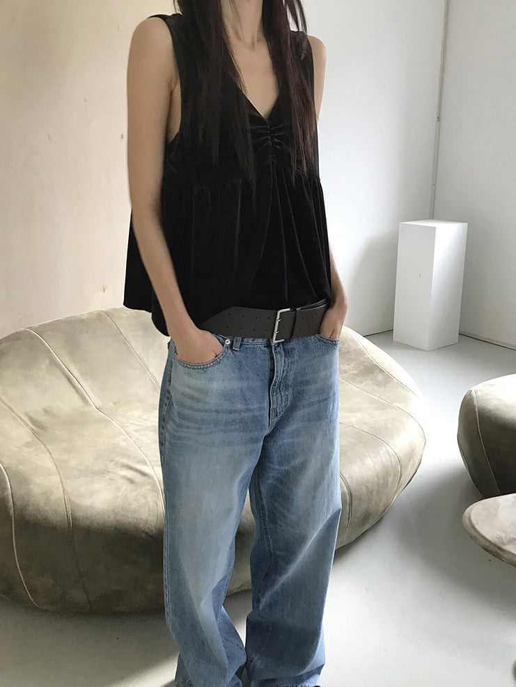 絲絨V領抓皺細節背心