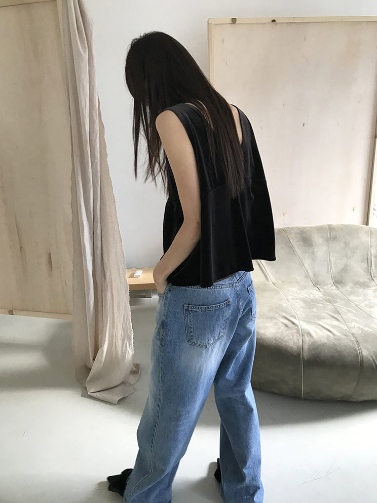 絲絨V領抓皺細節背心